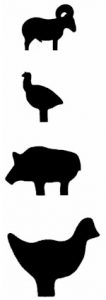 Metallsilhouetten: Widder (ram), Truthahn (turkey), Schwein (pig), Huhn (chicken) 